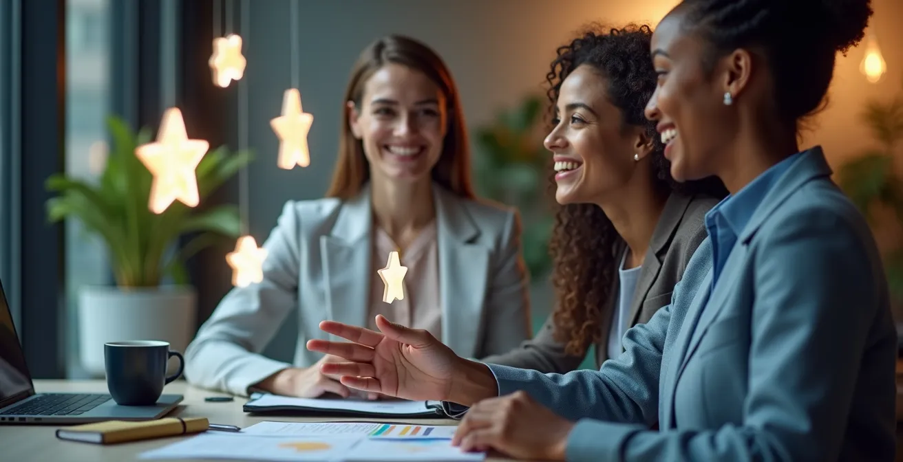 Marketing team celebrating audit success with visual data displays