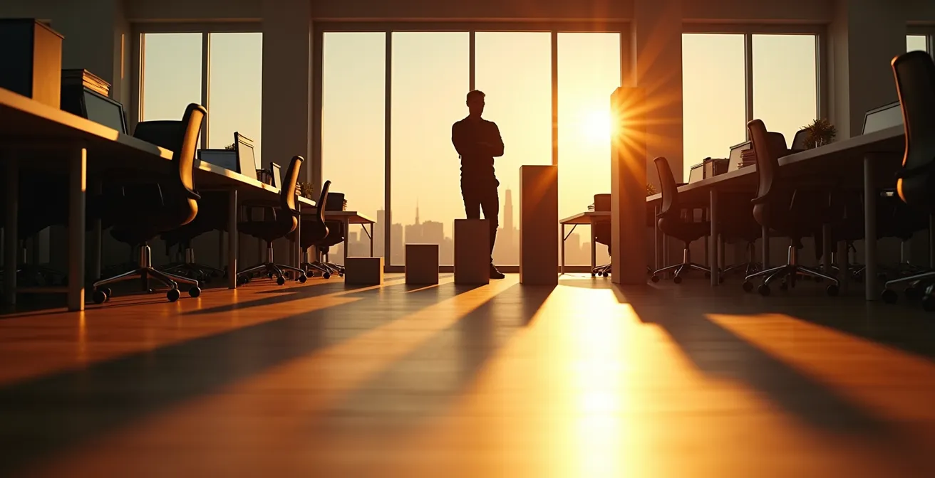 Wide angle view of startup office with growth trajectory visualization