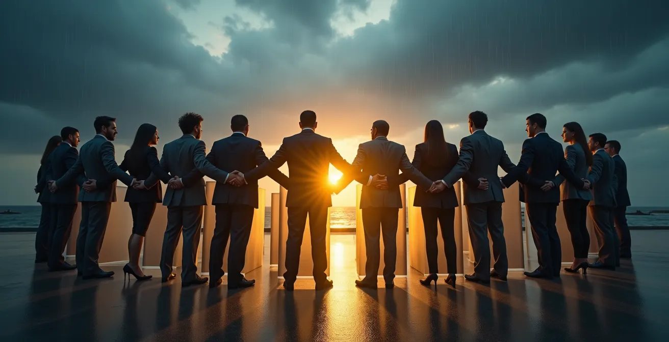 Group of diverse business professionals forming a protective circle around financial assets during stormy weather