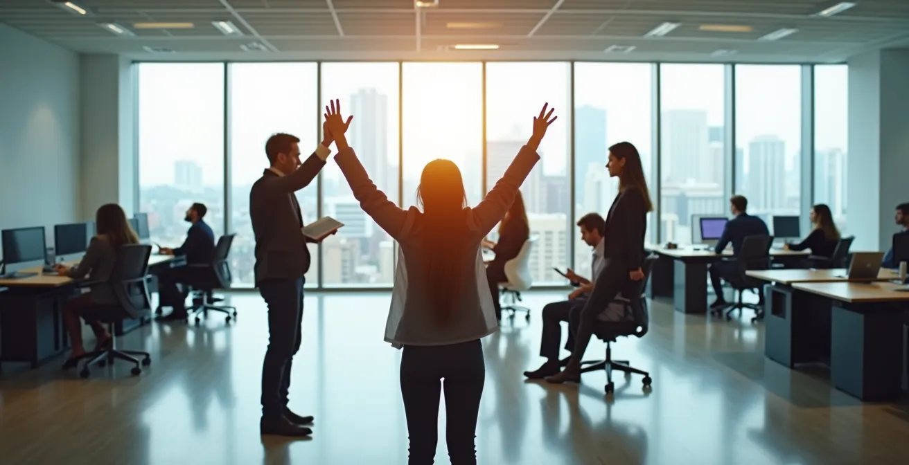 Group of professionals celebrating collective achievement in modern workspace