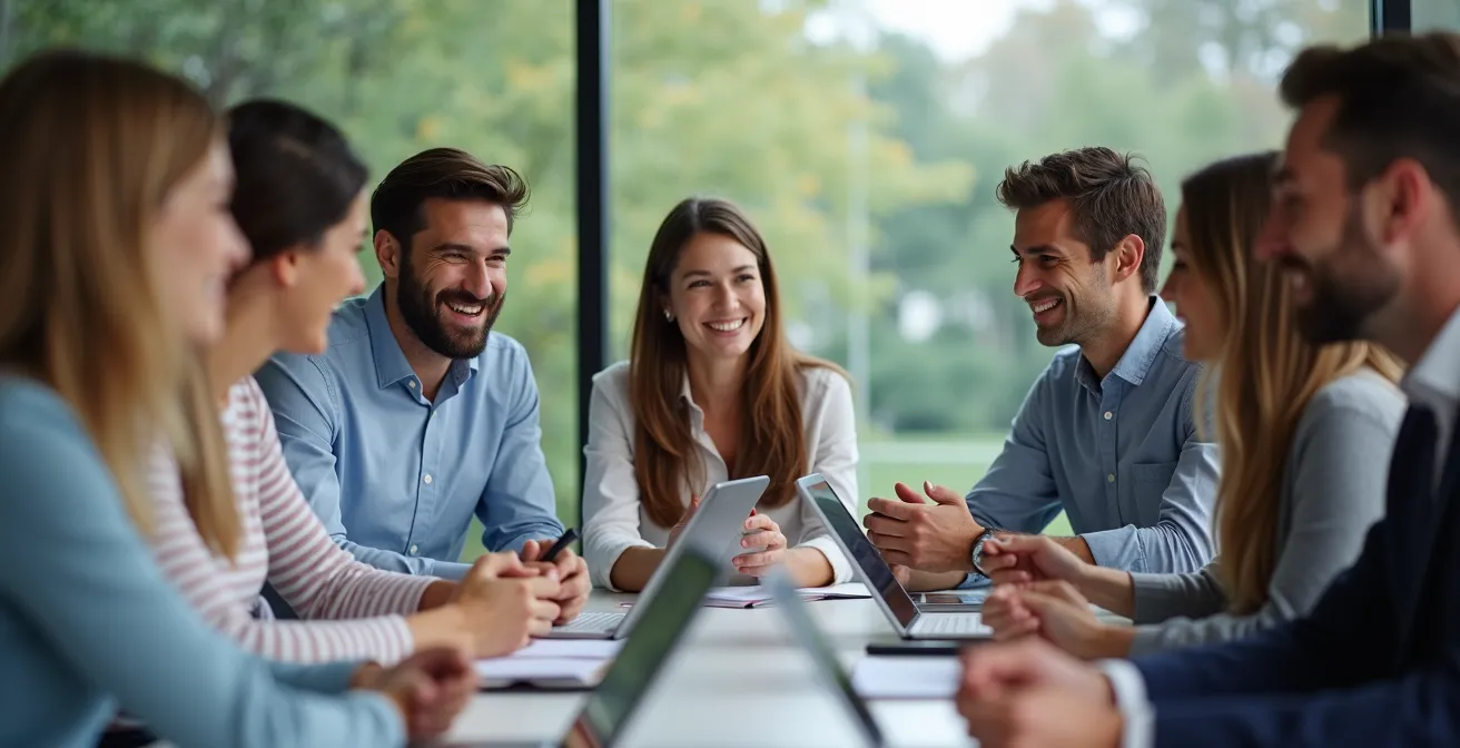 Team members collaboratively reviewing operational standards in meeting room