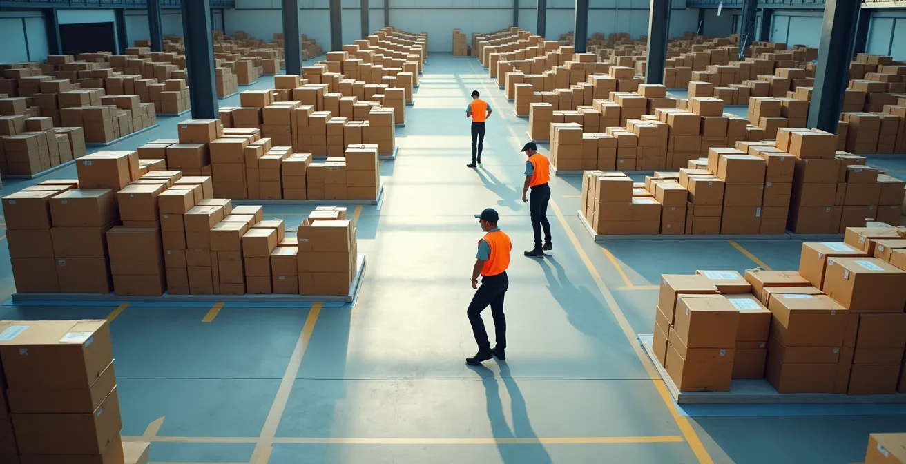Aerial view of warehouse operations with workers organizing inventory in geometric patterns showing flow optimization