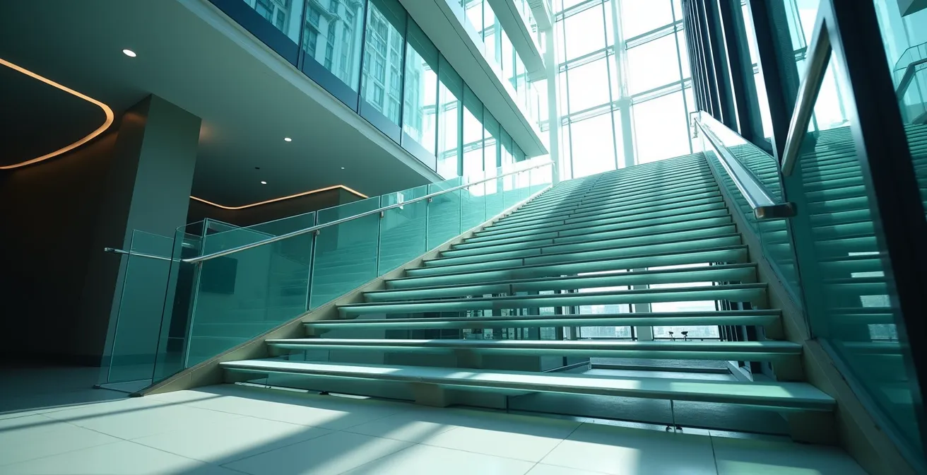 A symbolic visualization of a professional development pathway within a franchise organization, showing a staircase ascending through a modern corporate building.