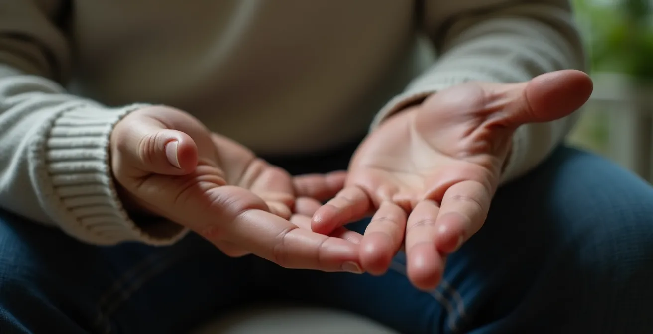An intimate close-up shot of a franchise manager's hands gesturing sincerely while addressing a community member during a crisis response.
