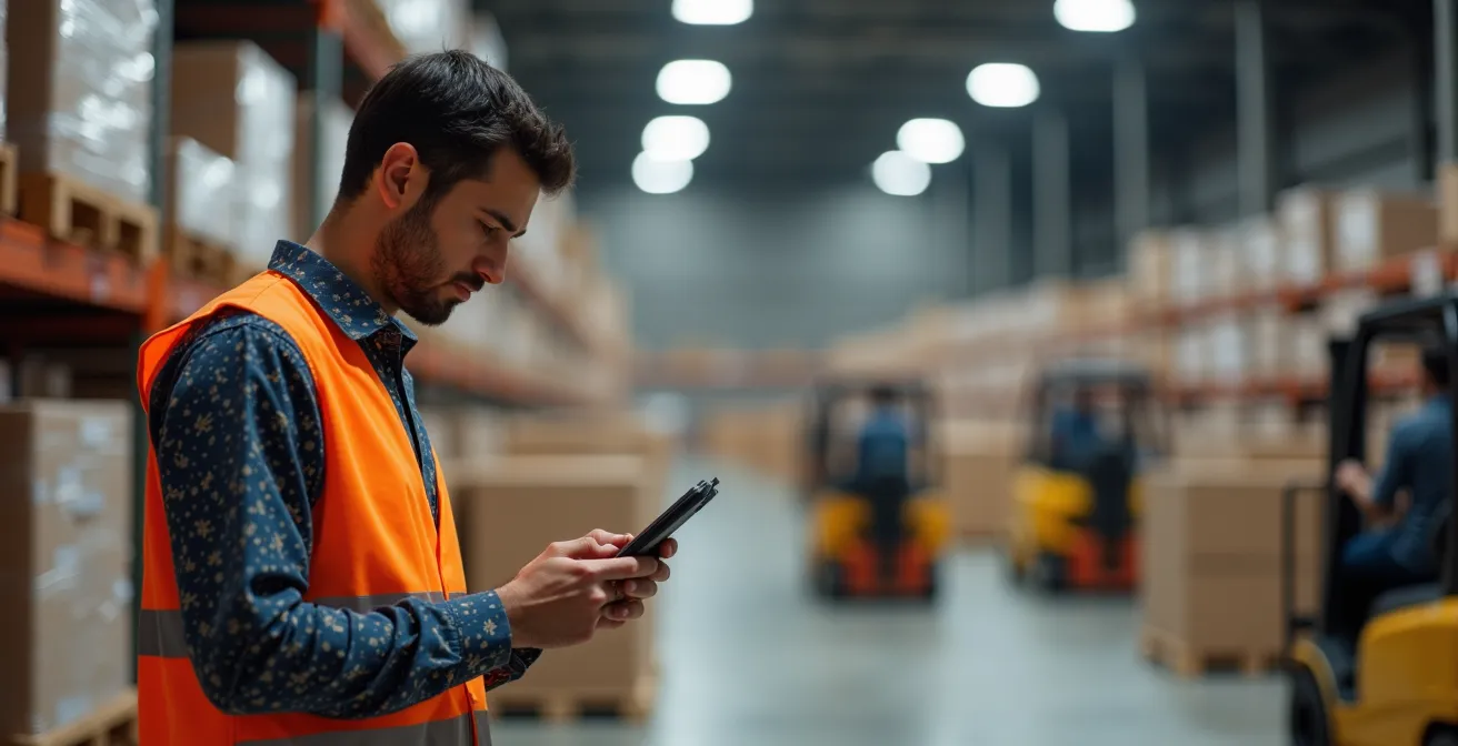 Warehouse receiving dock with workers inspecting incoming shipments using handheld scanners