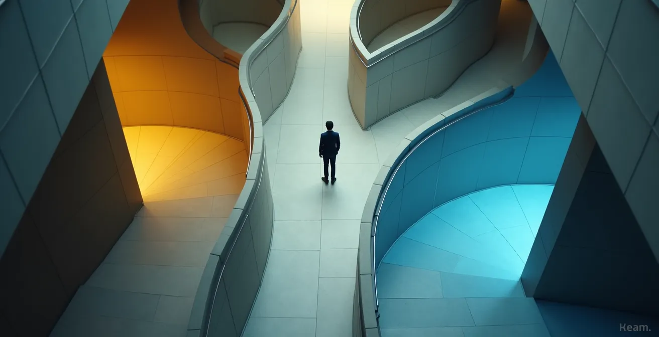 Business professional at a decision point with multiple pathways symbolizing flexibility