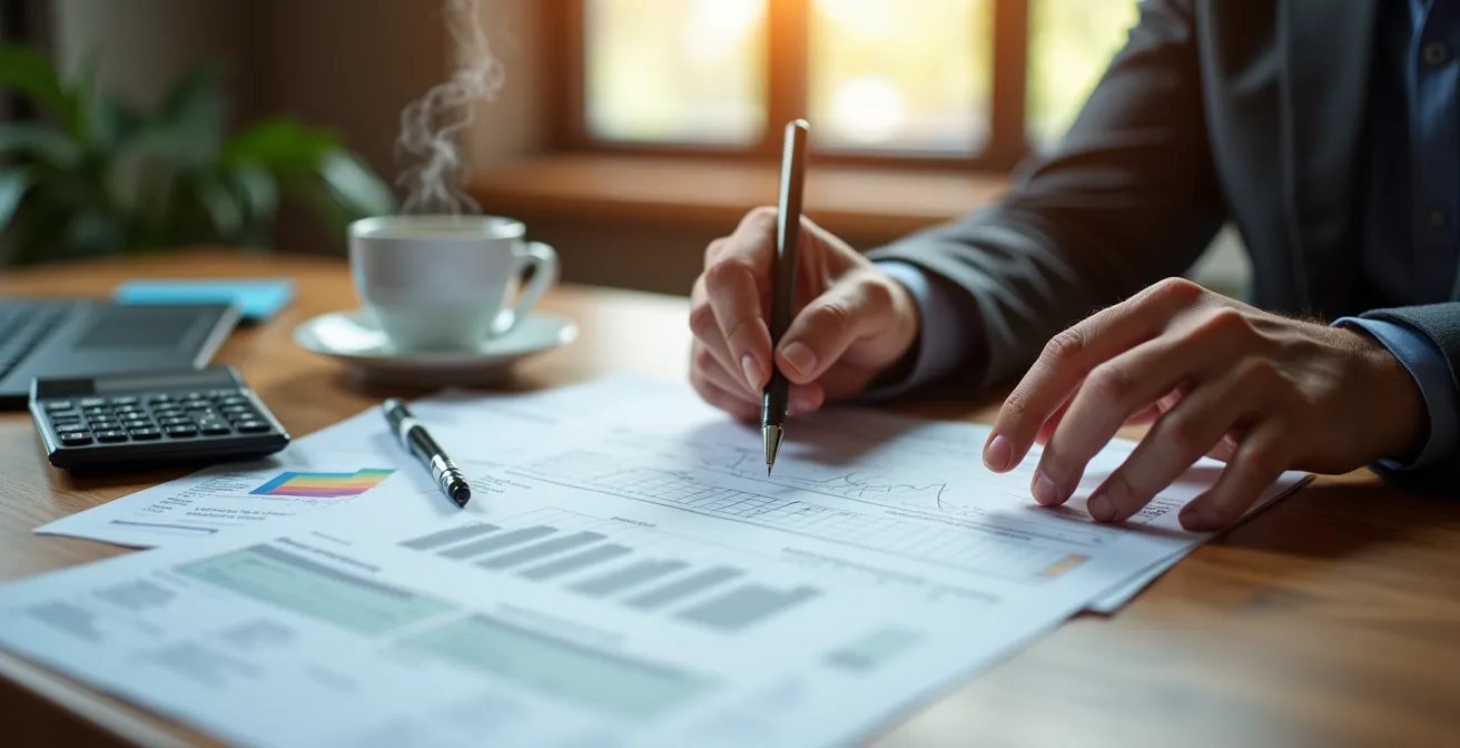 Close-up of hands reviewing vendor contracts with risk assessment documents