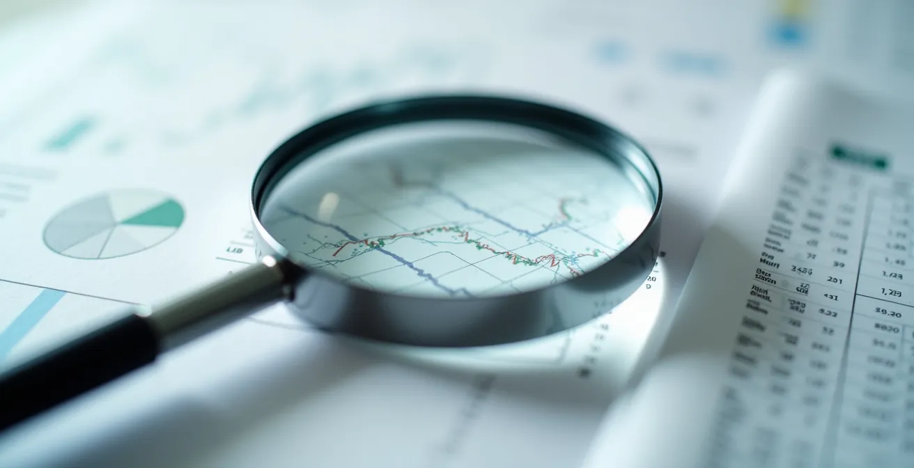 Close-up of financial audit documents with magnifying glass highlighting key details