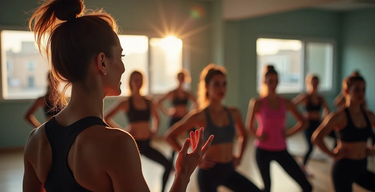 Charismatic fitness instructor engaging with boutique studio class participants
