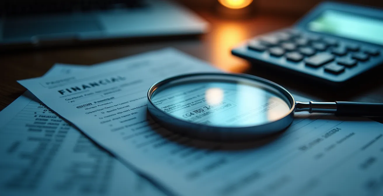 Close-up view of financial documents being examined with magnifying glass
