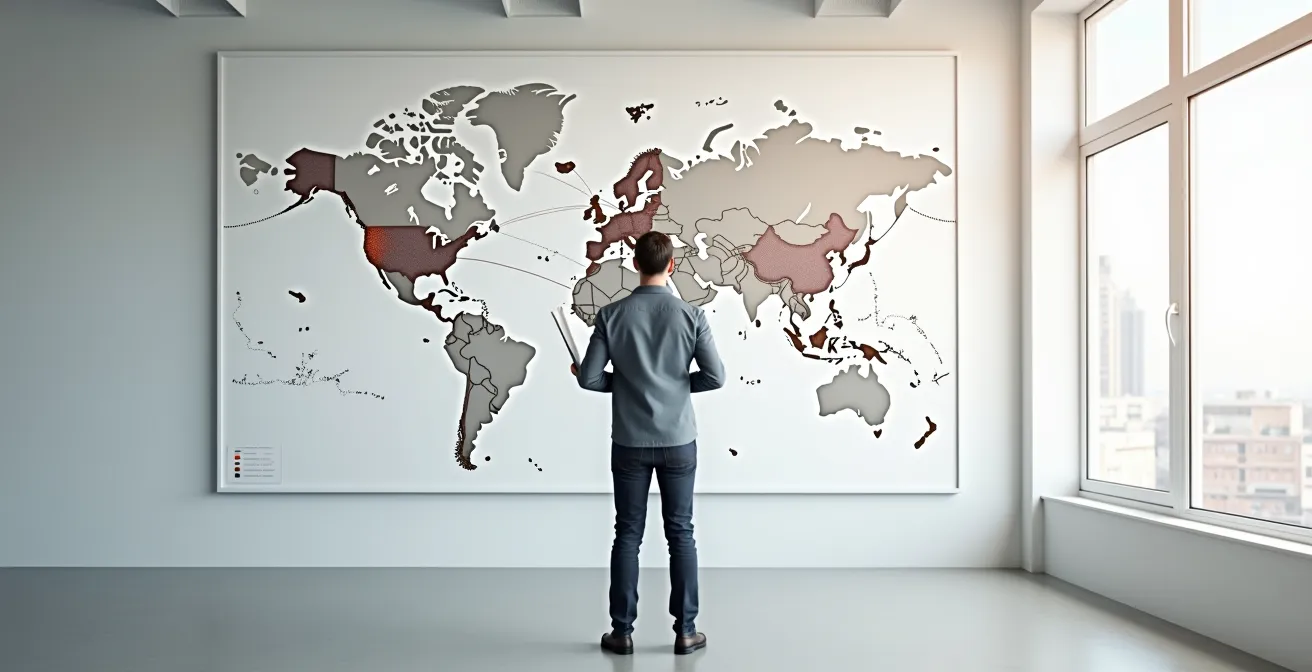 Business analyst creating timeline map with pushpins showing franchise failure patterns