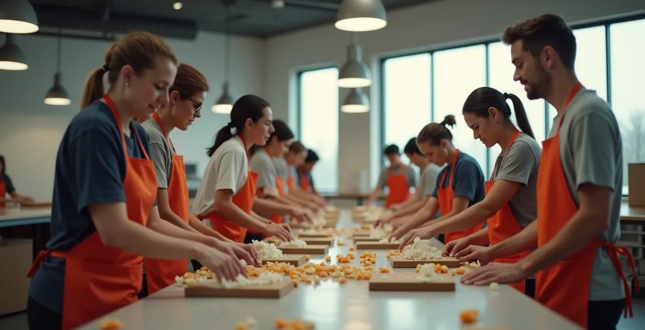 Franchise team members volunteering at local food bank
