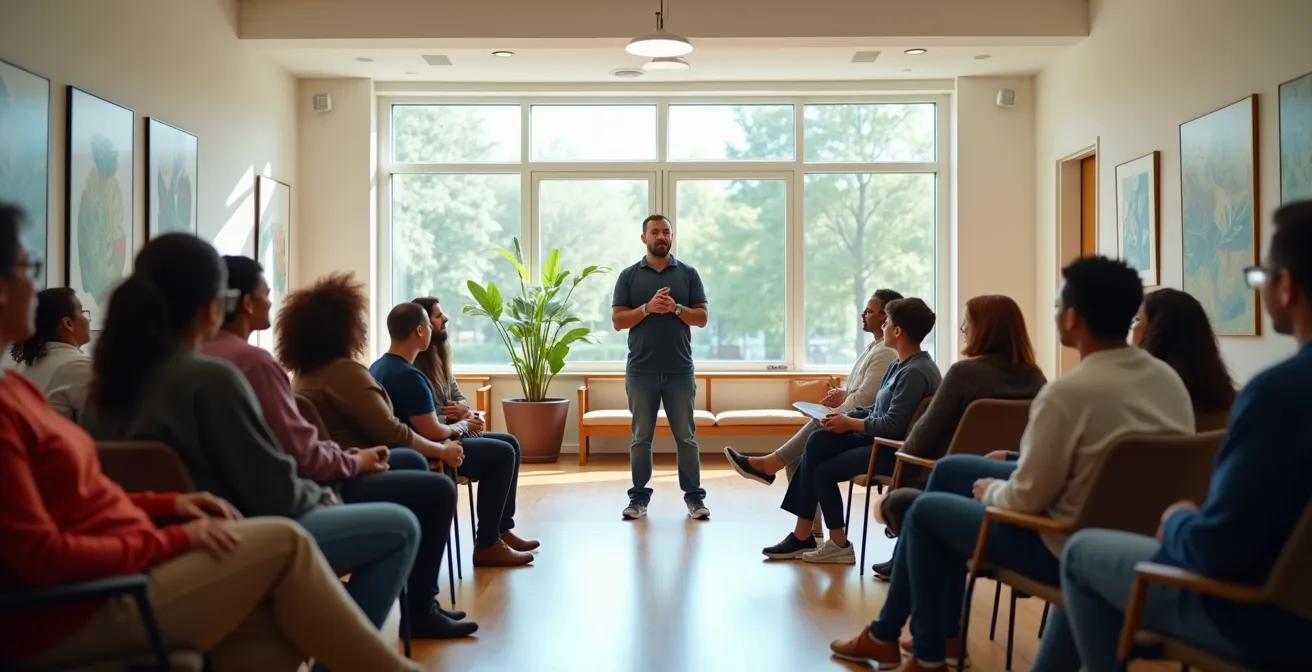 Business owner engaging with diverse community members in a welcoming environment