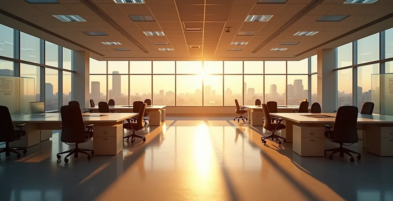 Wide shot of empty franchise office with organized workstations and systematic workflow charts on walls