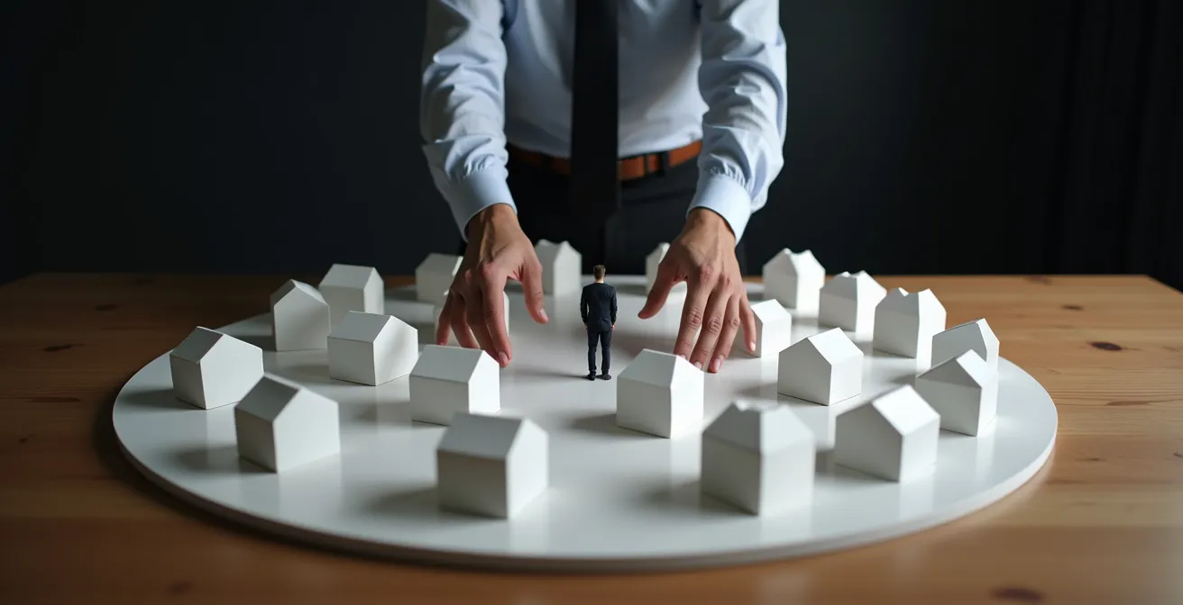 Business owner surrounded by symbolic representations of multiple franchise locations requiring attention