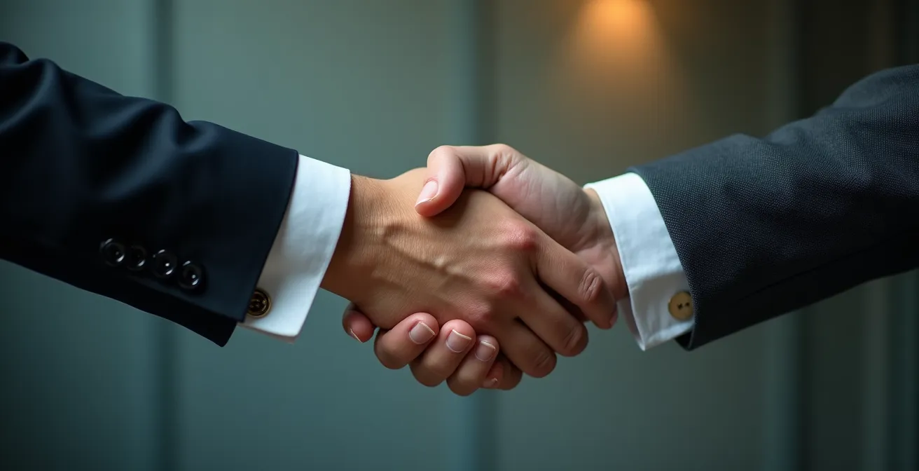 Close-up of handshake between franchise partners showing mutual respect and collaboration