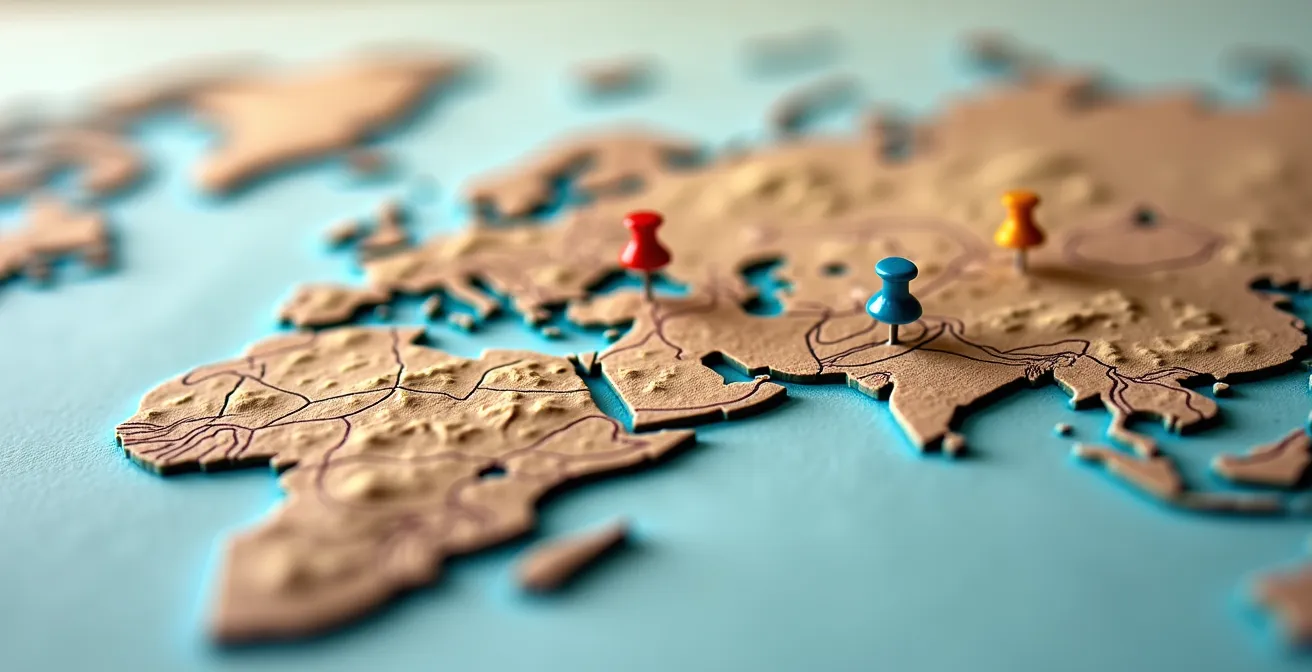 Aerial view of a metropolitan area with strategic territory boundaries marked by natural features