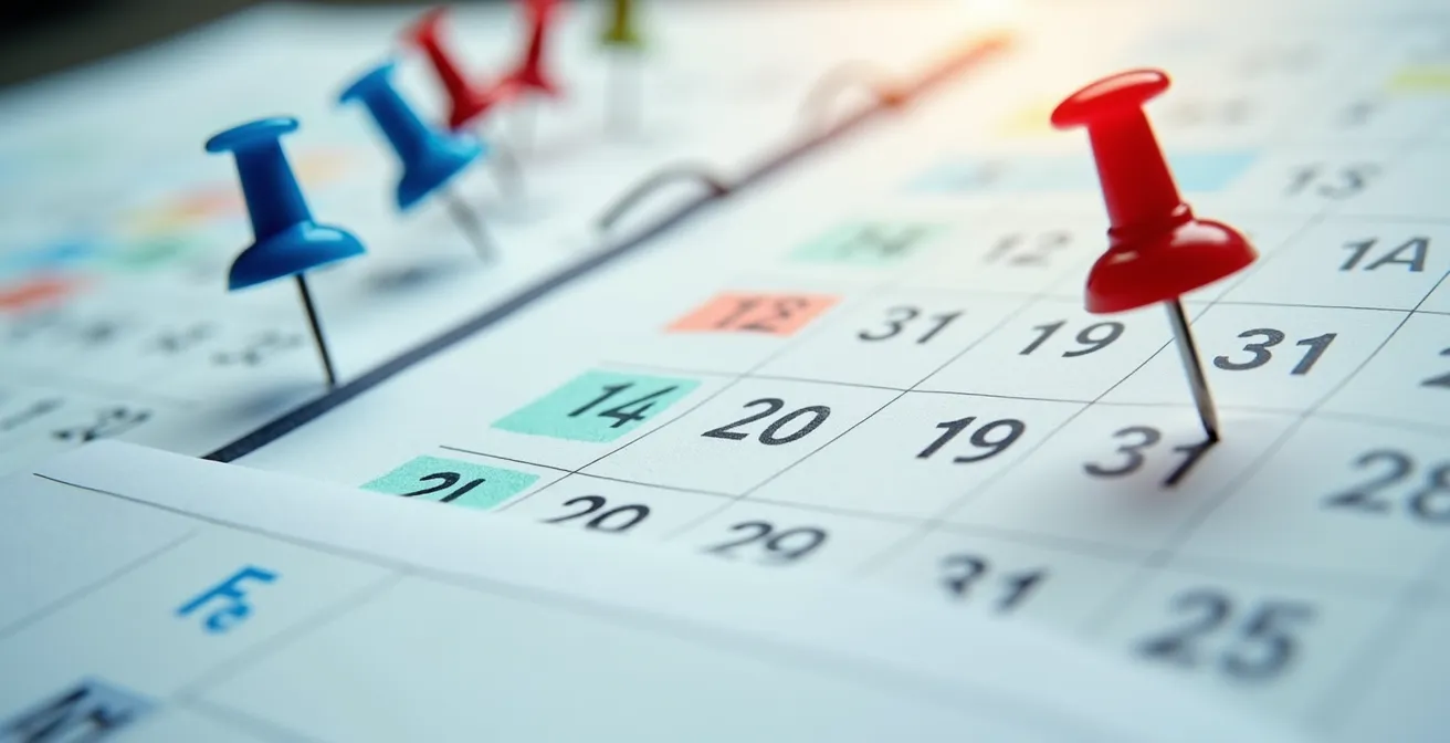 Macro close-up of calendar pages with colored pins marking strategic milestones and renovation cycles