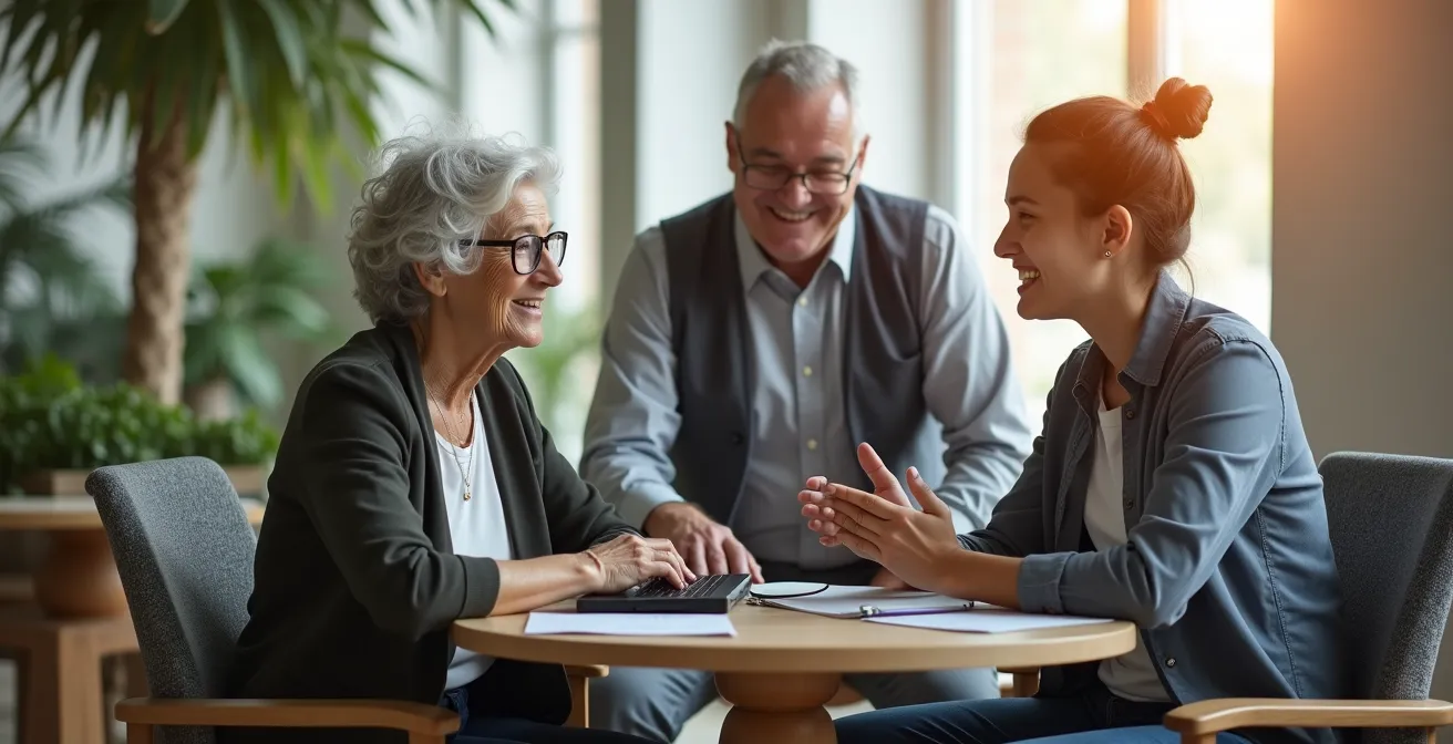 Three generations interacting in modern service environment showcasing age-inclusive design
