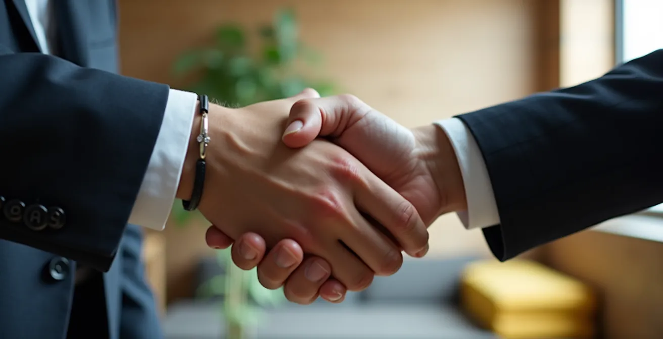 Business partners shaking hands over financial partnership agreement