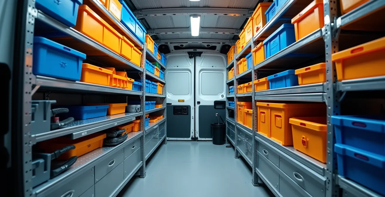 Wide angle view of efficiently organized service vehicle interior storage system