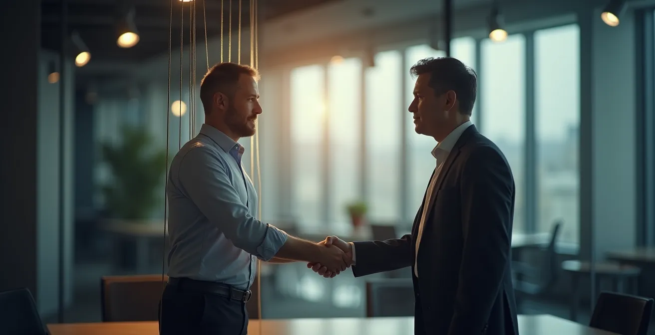 Visual spectrum showing franchise control from puppet strings to partnership handshake