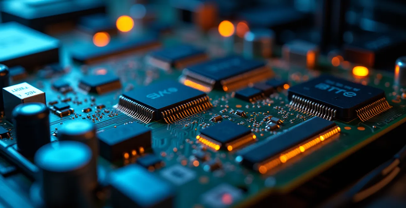 Extreme close-up of server hardware components showing technical details