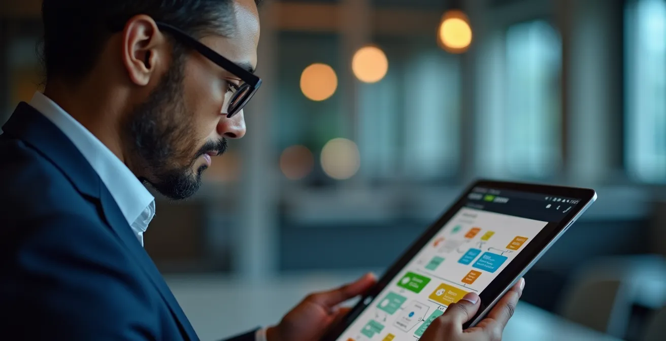 Business professional reviewing automated workflow diagrams on tablet in modern office