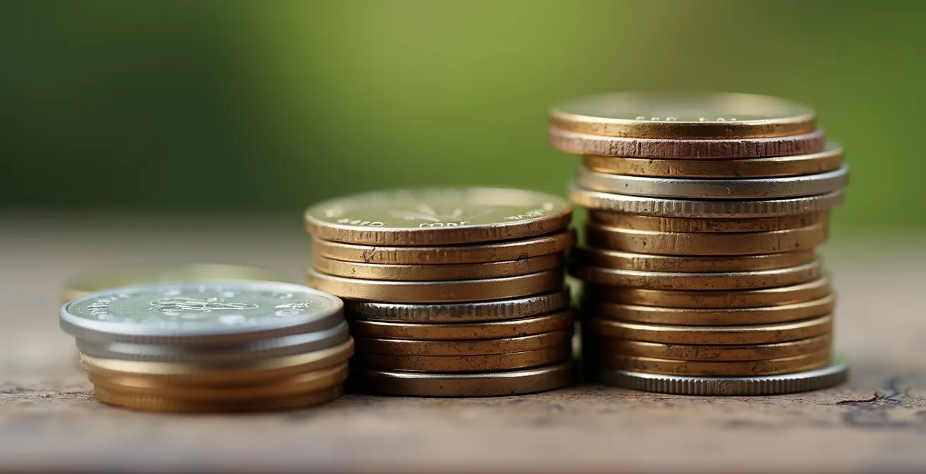 Macro shot of stacked coins showing step-like progression