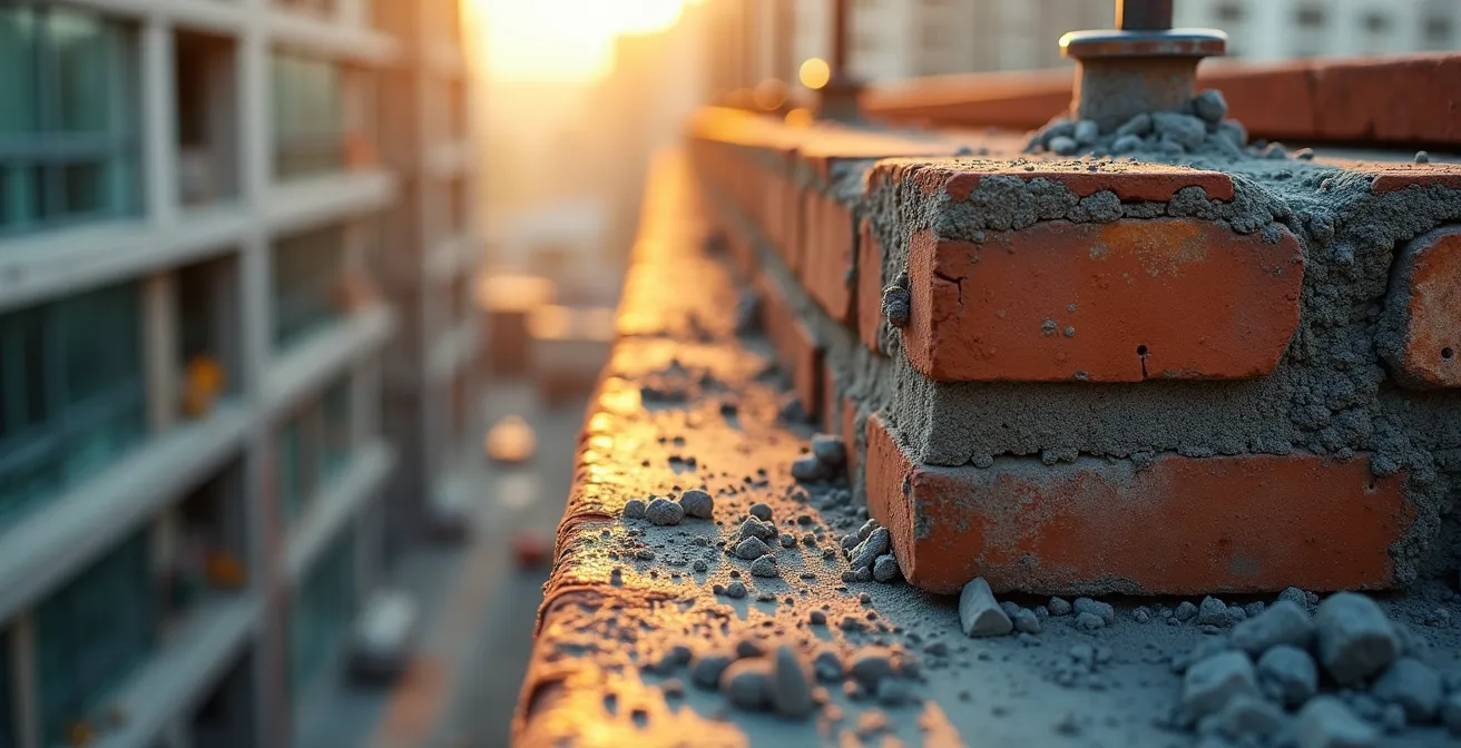 Abstract representation of neighborhood transformation over time, showing layers of old and new building materials.