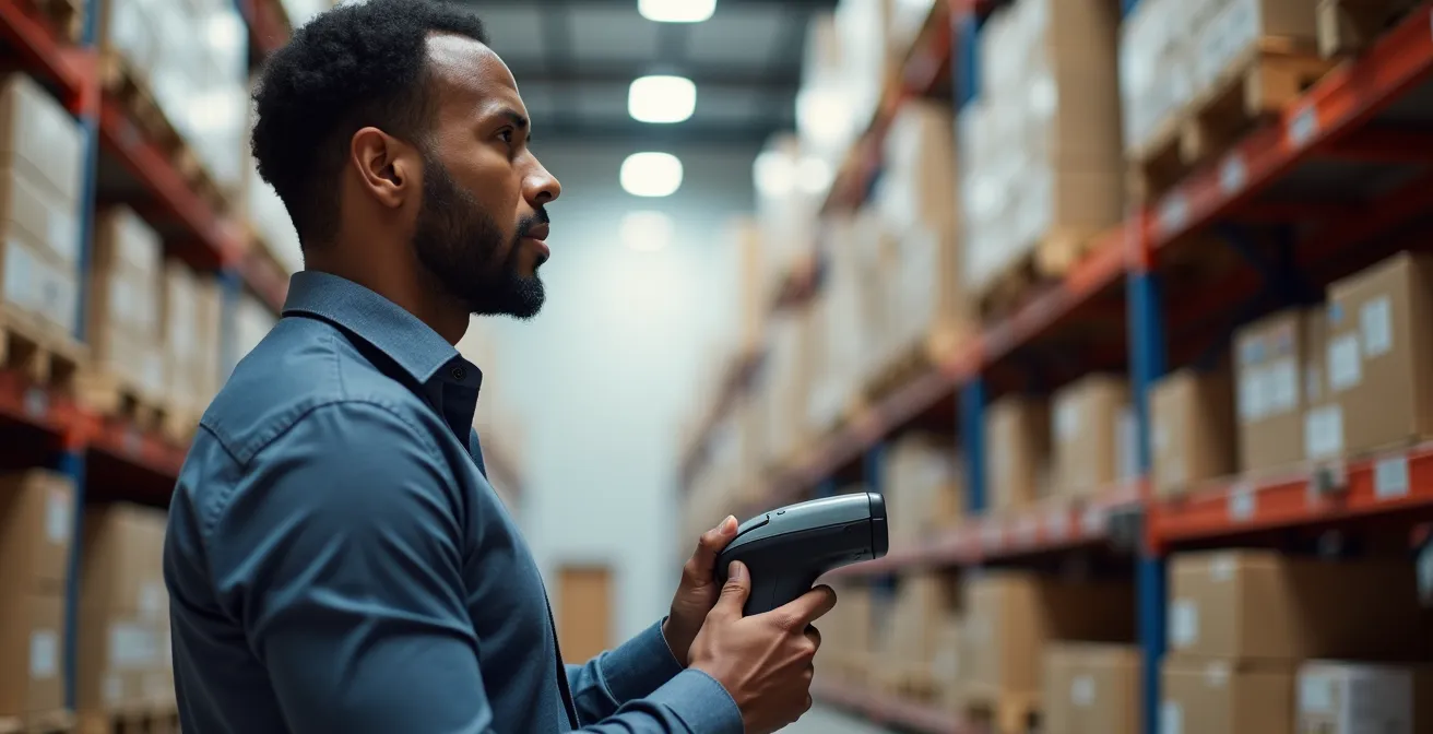 Business professional reviewing automated purchase orders on handheld device in warehouse setting
