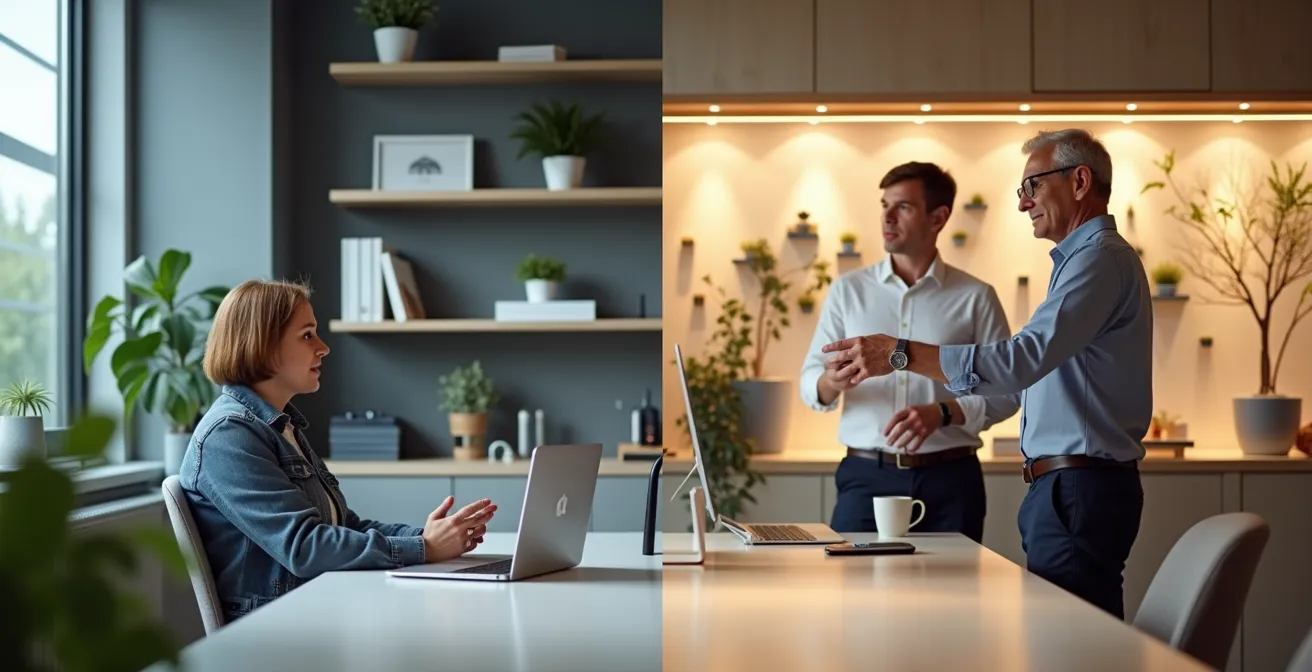 Split scene showing remote video consultation on left and in-person business meeting on right in franchise setting