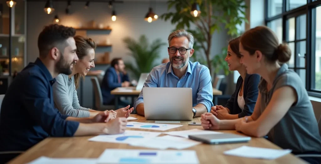Franchise consultant meeting with multiple business owners in collaborative workspace